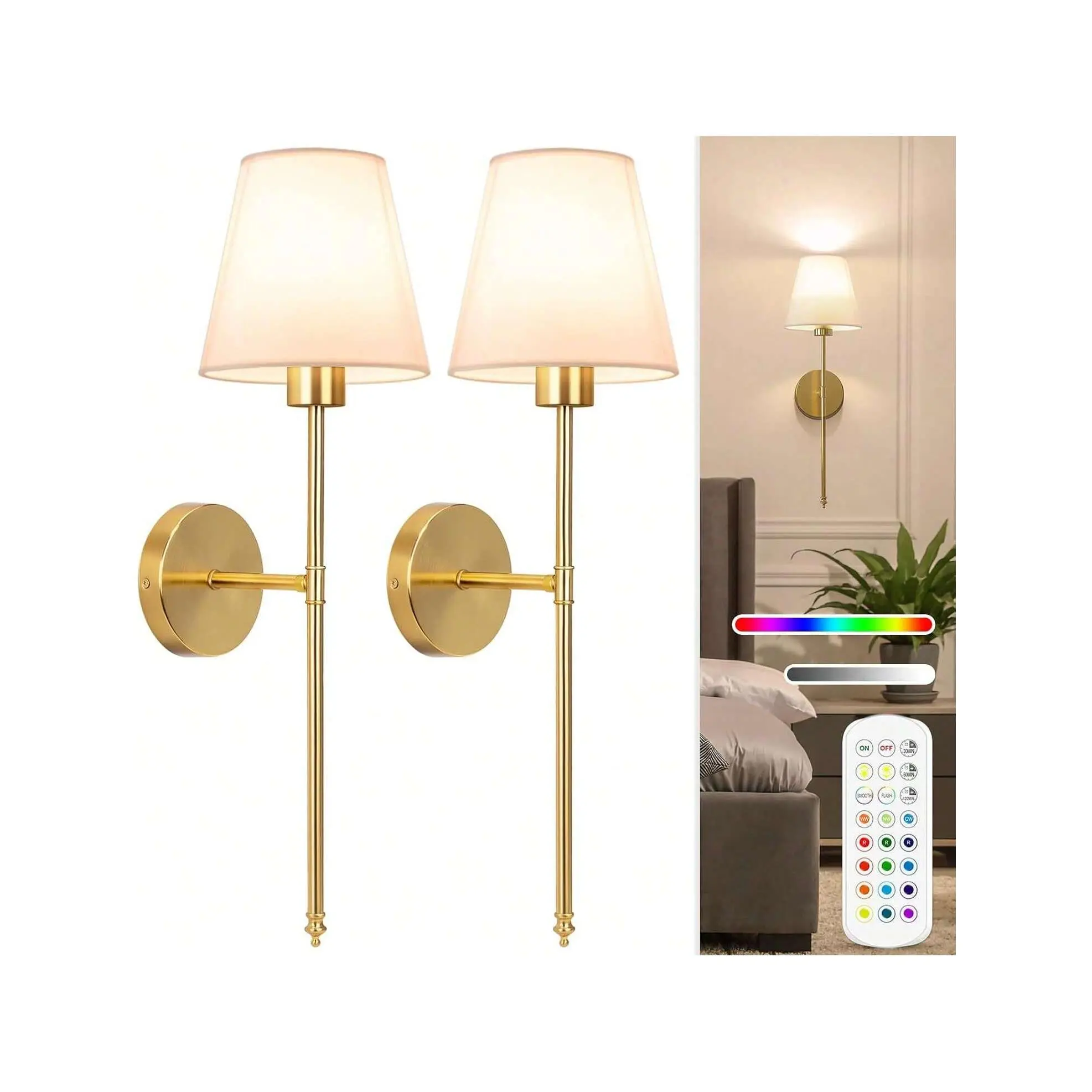 Battery Operated Wall Sconces Set Of 2, Gold Rechargeable Wall Lamps With 2500mAh Magnet Detachable And Remote Bulbs, 12 RGB Colors & 3 Color Temperatures, Dimmable Wireless Wall Lights For Bedroom