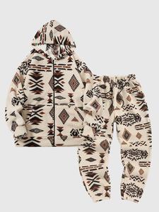 Men's Ethnic Pattern Zip Up Hooded Jacket & Pants Set, Casual Long Sleeve Hooded Outerwear & Trousers for Fall & Winter, Men's Two-piece Outfits for Daily Wear