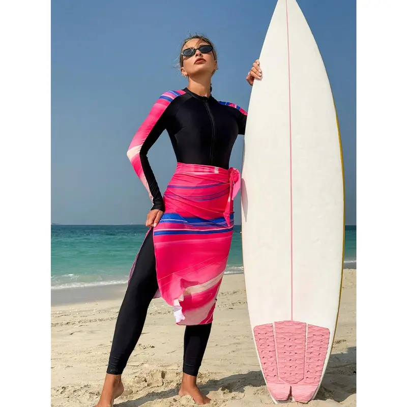 Swim Shayni Women Color Block Patchwork Marble Pattern Zip-Up Long Sleeve One Piece Swimsuit & Pants & Cover Up Skirt, For Summer Beach Vacation Arabic Clothing 2