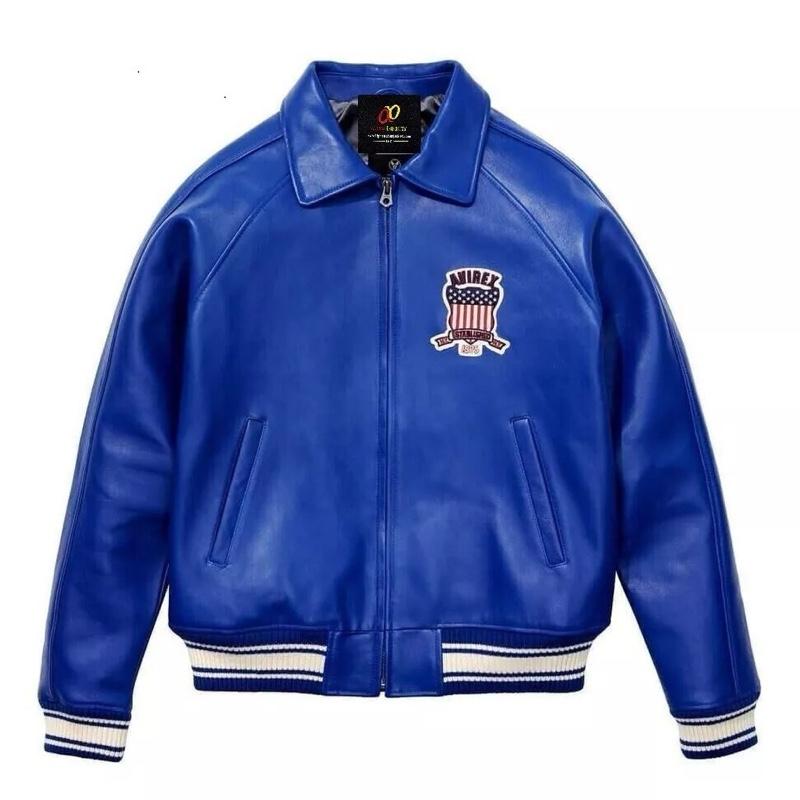 Men's Avirex Blue Real Bomber American Flight Jacket Leather Jacket 1