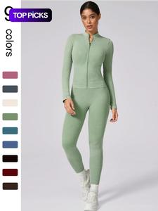 Women's Solid Zip Up Mock Neck Gym Crop Top & High Waist Leggings Tracksuit Set, Chav Sets, Holiday Outfits, 2 Counts Sporty Breathable Long Sleeve Jacket & Skinny Pants Sportswear for Yoga Gym Workout Running, Ladies Summer Clothes