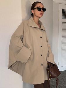 Women's Plain Pocket Button Front Coat, Elegant Batwing Sleeve Collared Long Sleeve Outerwear for Work Office Business, Ladies Clothes for All Seasons