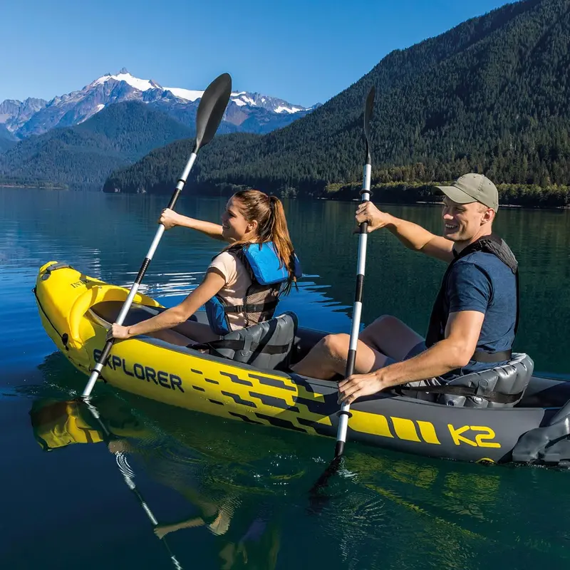 Explorer K2 Kayak, 2-Person Inflatable Kayak Set with Aluminum Oars and High Output Air Pump 1