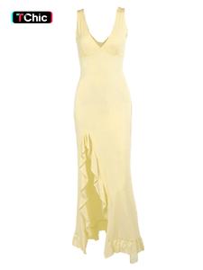 Women's Plain Backless Split Thigh Tank Dress, Minimalist Elegant Asymmetrical Hem Deep V Neck Long Dress for Party Club Dating Wear, Chic Ladies Summer Clothes, Wedding Guest Dresses, Summer Dresses 2025, Dresses for Summer, Womenswear