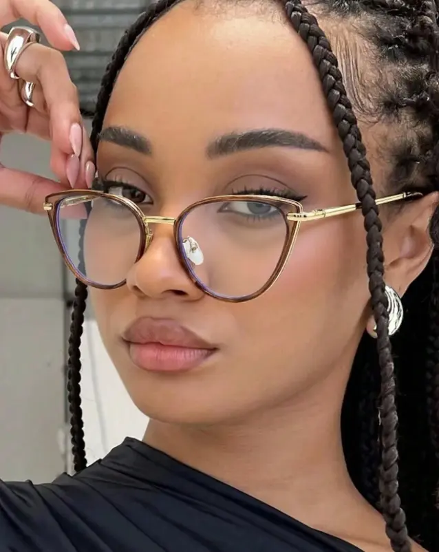 1PC Cold Tea-Colored Cat Eye Glasses – Vintage Metal Frame Blue Light Blocking Eyewear for Women