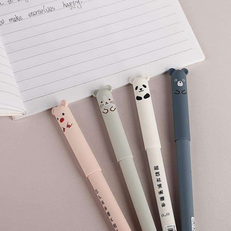 Erasable Gel Ink Pens 4 Pack - Cute Cartoon Animal Stationary - 0.35mm Black Ink Gel Pen for Sketching, Drawing, School and Office Supplies 1