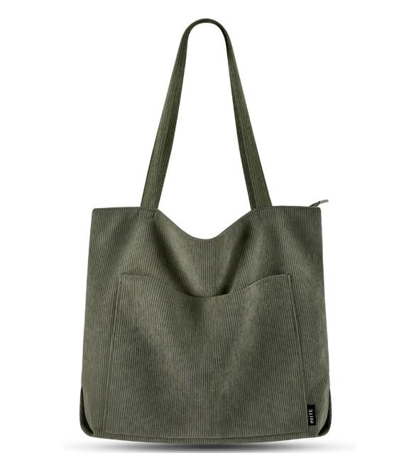 Prite Corduroy Tote Bag for Women Large Shoulder Bag with Zipper and Pockets for College School Work Travel Shopping 7