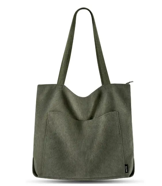 Prite Corduroy Tote Bag for Women Large Shoulder Bag with Zipper and Pockets for College School Work Travel Shopping 7