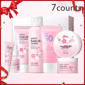 Valentine's Day Gift, Sakura Extract Skin Care Set, 1 Essence & 1 Eye Cream & 1 Essence Cream & 1 Toner &1 Facial Cleanser &1 Mud Mask &1 Sunscreen