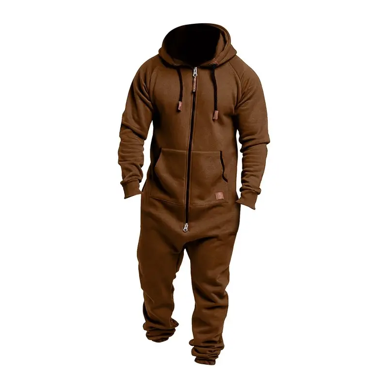 New foreign trade men's hooded fleece jumpsuit solid color casual men's suit jumpsuit 4