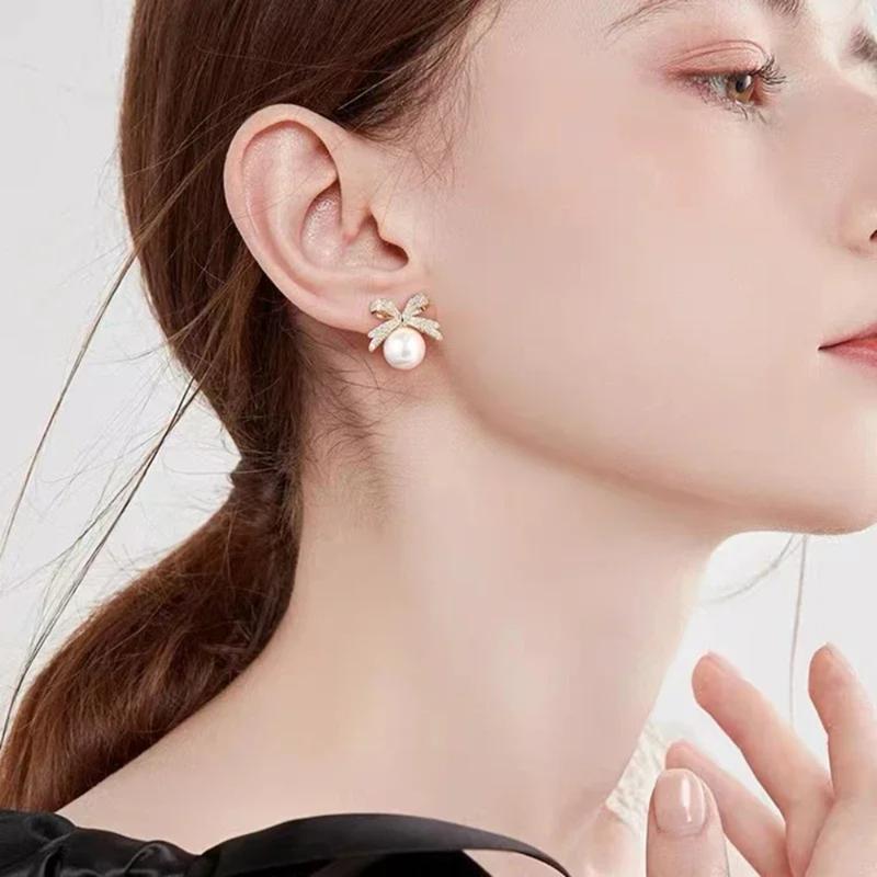 2025 French Elegant Micro Set Zircon Bowknot Pearl Pendant Earrings 2025 New Design Jewelry for Womens Girls Fashion Ear Accessories 1