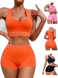 Women's Letter Print Crop Sports Push Up Bra & High Waist Shorts, 3 Sets Sporty Workout Gym Exercise Clothing Set, Ladies Sportswear & Underwear Set,  Lingerie Set,  Summer Wear 2024