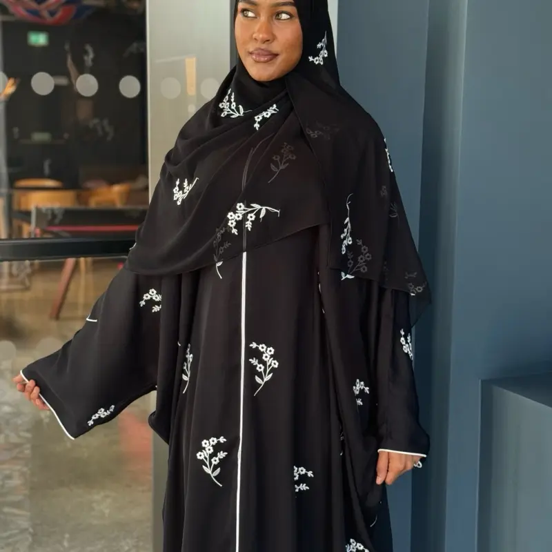 ABAYATOPIA Gulnaaz Black Embroidered Closed Butterfly Abaya with Internal Belt and Matching Hijab 1