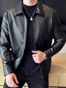 Men's Regular Fit Solid Pocket Zipper Pu Leather Jacket, Casual Long Sleeve Collar Outerwear for All Seasons, Fashion Men's Clothing for Daily Wear, Longsleeves Menswear
