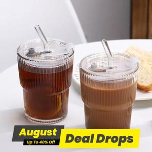 360ml Striped Glass Cup with Straw & Lid, 1/2/4 Counts Reusable Clear Glass Tumbler Cup, Straw Drinking Cup for Home Office Use, Gift for Women, Boyfriend Gift, Easter Gifts, Accessories, Serving Kitchenware, Drinking Glassware, Drinkware, Portable