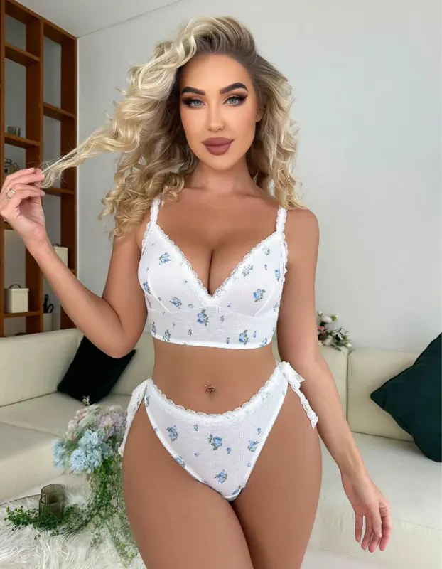 Floral Print Lace Trim Lingerie Set, a seductive Bra & Panty Set for women for daily use 3