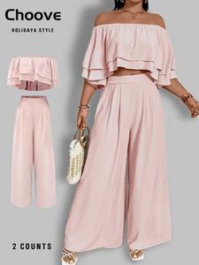 Two-piece Set Women's Solid Ruffle Trim Crop Top & Wide Leg Pants Set, Elegant Fashion Casual Two-piece for Daily Outdoor Wear, Women Matching Clothing for Summer