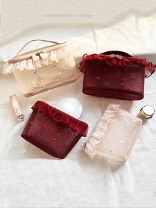 Lace Detail Makeup Bag,  Heart Pattern Makeup Bag, Cosmetic Storage Bag, Zipper Makeup Organizer Pouch, Versatile Storage Bag for Travel, Office, Home