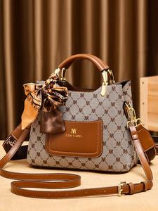 Summer Outfits 2025 Vintage Presbyopia Geometric Print Handbag for Women, New Trendy Bowknot Twilly Satin Scarf Decorated Pu Leather Pocket Designer Commuter Crossbody Bag, Everyday Bag, Luxury Designer Bags 2025, Designer Bags