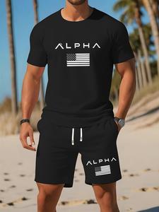 Two-Piece Set Men's American Flag Print Short Sleeve Tee & Shorts Set, Regular Fit Casual Round Neck T-shirt & Track Shorts, Men's Summer Clothes