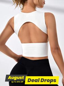 Women's Cut Out Round Neck Crop Sports Vest, Summer Outfits 2024, Sporty Plain Cropped Sports Tank Top for Gym Workout Tennis Pickleball, Women Sport & Outdoor Clothing, Solid Color Top