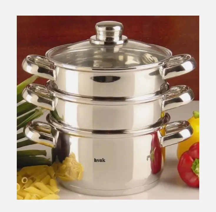 3 THREE TIER STAINLESS STEEL VEGETABLE FOOD STEAMER SET DISH INDUCTION POT Cookware Glass 2