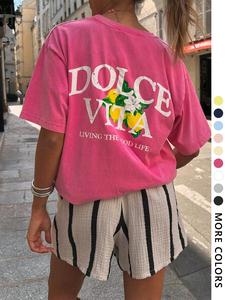 Women's Lemon & Letter Print Round Neck Graphic Tee, Vintage Trendy Casual Short Sleeve T-shirt for Daily Wear, Ladies All Seasons Outfit, Top