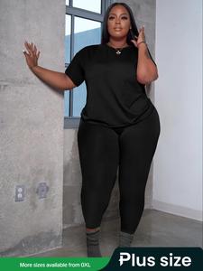 【Plus Size】 Two Piece Set Solid Short Sleeve Tee & High Waist Skinny Pants Set, Chic Casual Curvy Round Neck T-shirt & Elastic Waist Leggings for Daily Wear, Women's Soft Polyester Lounge Outfits for Summer, Lady Clothes, Everyday Elegance Womenswear