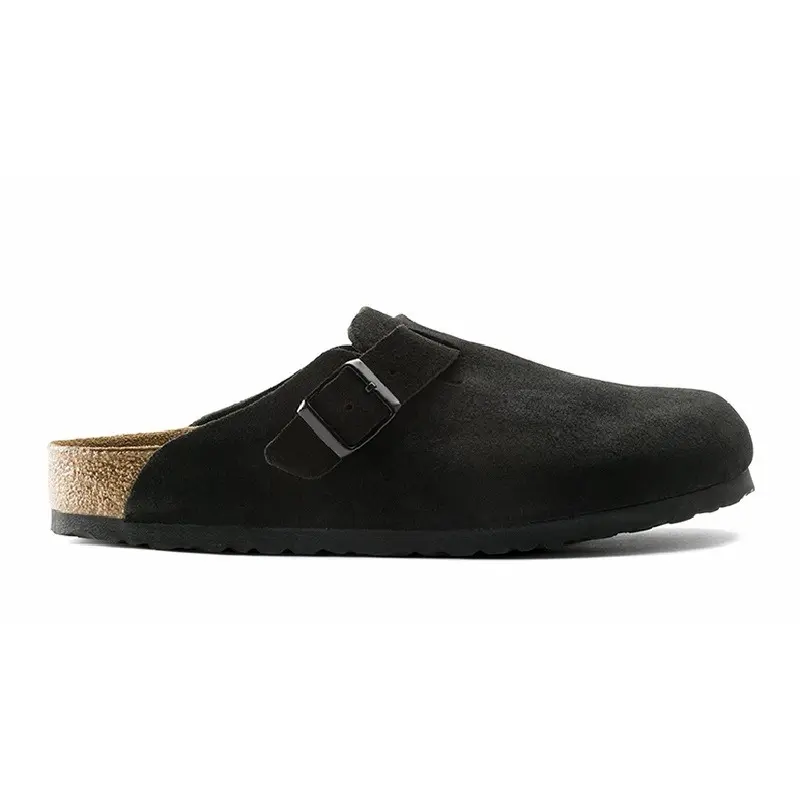 Birkenstock Boston Soft Footbed Clogs, Black/Gray Suede Clog with Buckle, Cork Base, Comfortable House Slippers for Men and Women