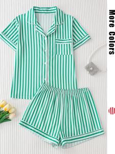 Women's Striped Print Lapel Neck Pocket Shirt & Elastic Waist Shorts Pyjama Two-piece Matching Set, Casual Button Front Short Sleeve Top & Shorts Pj Set, Women's Sleepwear for All Seasons