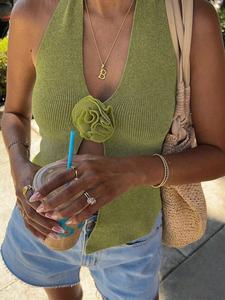 Women's Plain Floral Design Knit Halter Neck  Top, Casual Sleeveless Knitwear for Summer, Fashion Women's Knit Clothing for Daily Wear