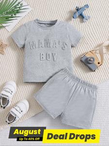 Two-piece Set Toddler Boy's Letter Embossed Short Sleeve Tee & Elastic Waist Shorts, Casual Round Neck T-shirt & Shorts for Daily Wear, Kids Clothing for All Seasons, Toddler Outfit, Clothes