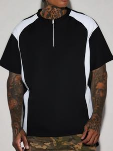 Men's Top-Stitching Half Zip Polo Shirt, Loose Casual Contrast Trim Short Sleeve Collared T-shirt for Summer, Fashion Men's Clothes for Daily Wear, Gamis