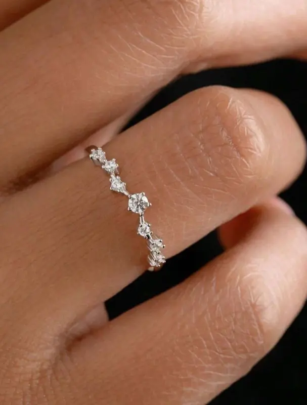 1pc Minimalist Micro Pave 7 Cubic Zirconia Round Stone Copper Ring, Suitable For Women Daily Wear Engagement Wedding Jewelry Gift 0