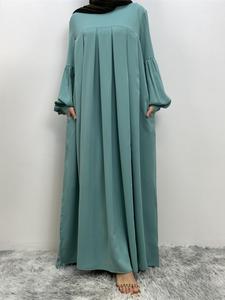 Women's Solid Lantern Sleeve Arabian Dress without Hijab, Casual Modesty Elegant Long Sleeve Pleated Dress, Ladies Spring & Fall Clothes for Daily Wear, Modesty Holiday Dresses for Muslim, Islamic Muslim Clothing