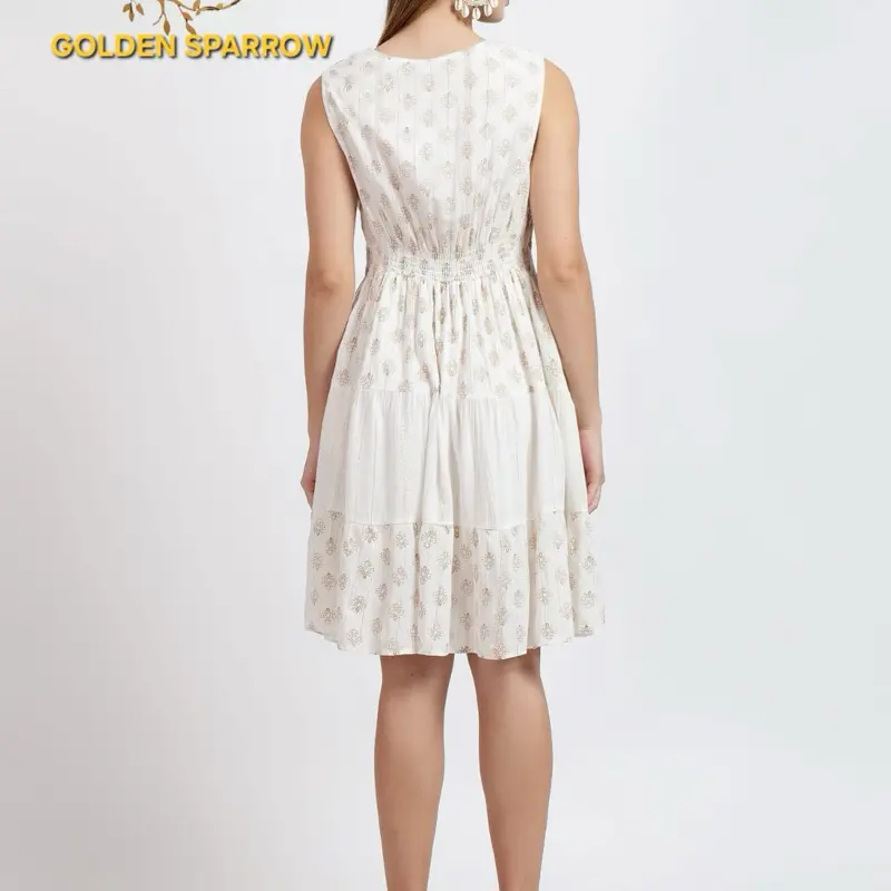 Boho Knee Length Embroidered Midi Dress for Women - Casual Style - Womenswear Summer Comfort Sleeveless Vneck Gorgeous Embroidery Green Off White 2
