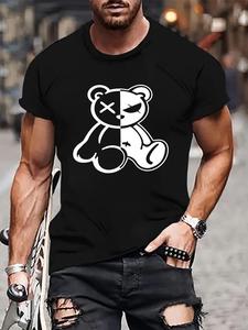 Men's Cartoon Bear Print Round Neck Tee, Loose Casual Fashion Short Sleeve T-shirt for Summer, Men's Top for Daily Wear