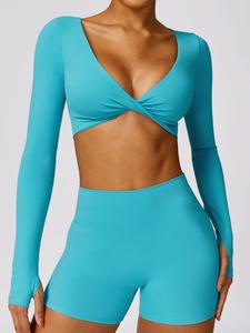 Women's Solid Long Sleeve Thumb Hole Crop Sports Tee, Casual Comfy Breathable Quick Drying Skinny T-shirt for Yoga Gym Workout Running, Ladies Sportswear for Spring & Fall