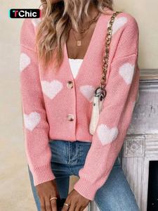 Women's Heart Print Button Front Drop Shoulder Cardigan, Casual Long Sleeve Knitwear for Spring & Fall, Women's Knit Clothing for Daily Wear