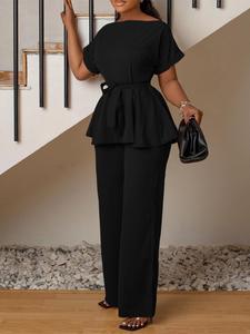 Women's Solid Belted Batwing Sleeve Top & Wide Leg Pants Two-piece Set, Casual Boat Neck Top & Trousers for Daily Wear, Ladies Fall & Winter Clothes