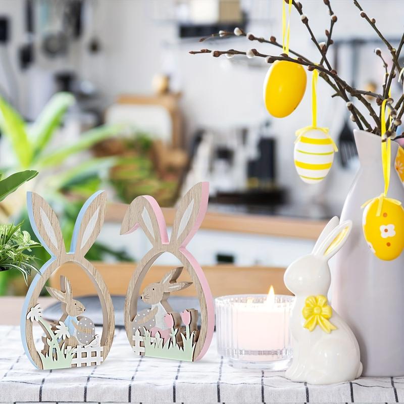 Product Introduction of 2pcs Easter Decorations for the Home Farmhouse Rustic Wooden Bunny with Egg Easter Tiered Tray Decor Happy Spring Decoration for Indoor Home Party Easter Tabletop Decoration Easter Ornaments 2