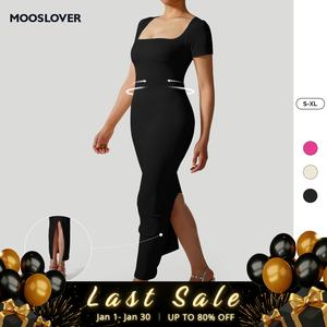 Mooslover Women's Ribbed Square Neck Short Sleeve Maxi Dress Seamless Bodycon Dresses for Women Soft Lounge Dress【ChristmasOutfits】
