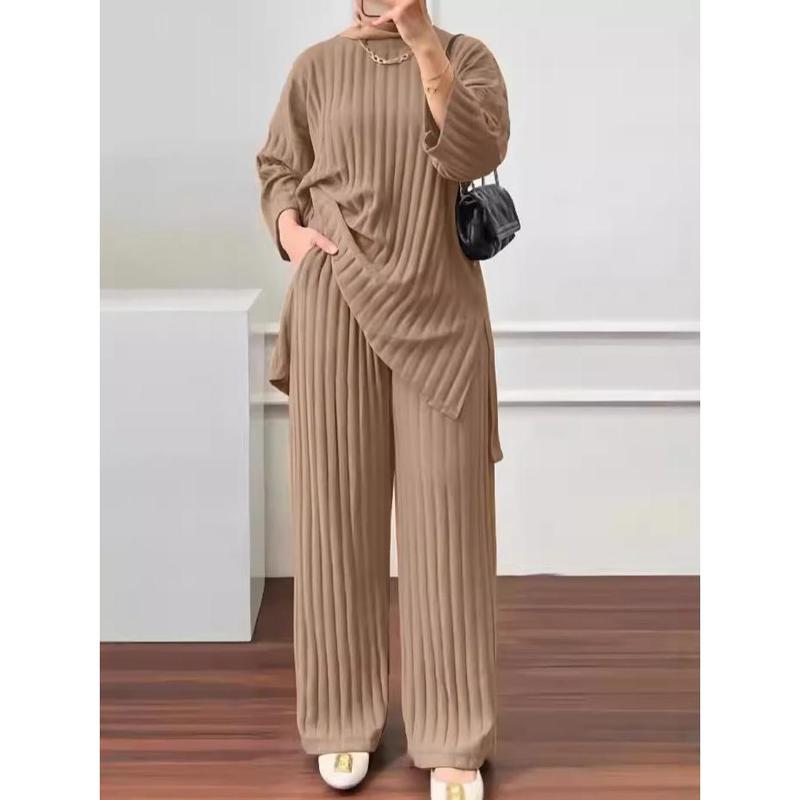 2023 Autumn and Winter New Women's Long Sleeve Top Wide Leg Pants Suit Solid Color Casual Sportswear 2 Piece Set 1