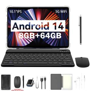 10.1 Inch Android 14 Tablet, 8GB RAM 64GB ROM Tablet with Keyboard Mouse Case & Touch Pen, Dual Camera HD Touch Screen Tablet for Work & Entertainment, Earphones