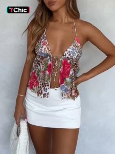 Women's Floral & Leopard Print Halter Neck Top, Casual Slim Fitted Halter Neck Backless Sleeveless Top for Summer, Ladies Clothes for Daily Wear, Bohemian Womenswear, Casual Sleeveless Crop Boho Sleeveless Top, Boho Backless Camisole