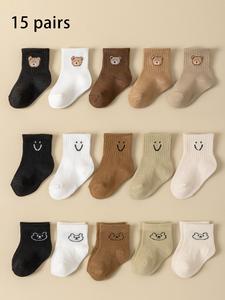 Baby Cartoon Bear & Smile Face Pattern Calf Socks, Casual Soft Comfy Breathable Socks for Baby Boys & Girls, Kid's Socks for All Seasons