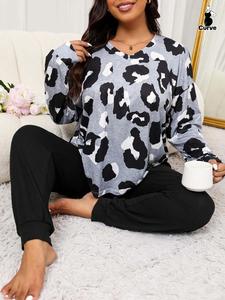 2 Piece Set Plus Size Leopard Print Pyjama Set, Casual Drop Shoulder Tee & Plain Pants Set for Women, Pyjamas for Women, Women's Sleepwear for Spring & Fall