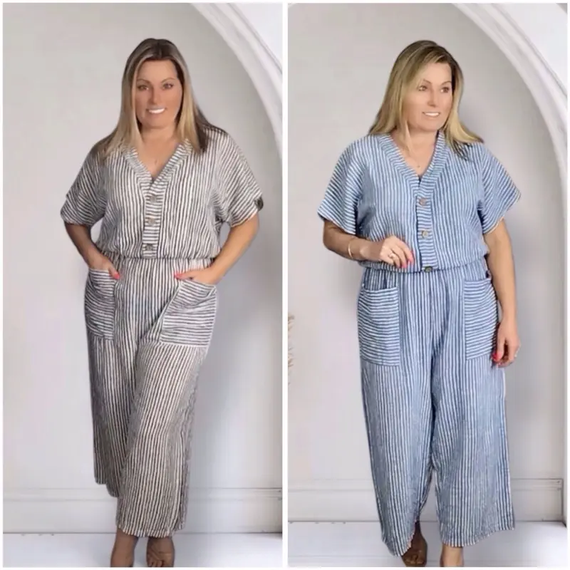 Hollymay Striped Jumpsuit with Pockets and Buttons for Women
