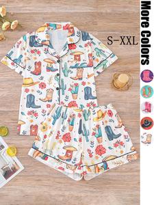 Women's All Over Cowboy Print Lapel Neck Button Front Pajama, Casual Comfy Short Sleeve Pocket Top & Elastic Waist Shorts PJ Set, Ladies Sleepwear for All Seasons
