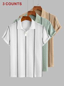 Men's 3-Pack Striped Textured Knit Polo Shirts, Menswear Casual & Sports Short Sleeve Tops, Breathable Summer Golf Polos, Random Stripe Design